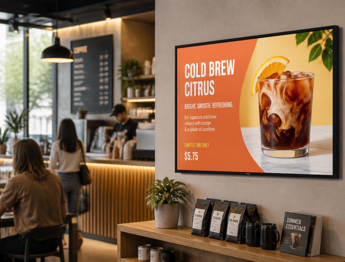 Pantalla publicitaria digital en el interior de una cafetería