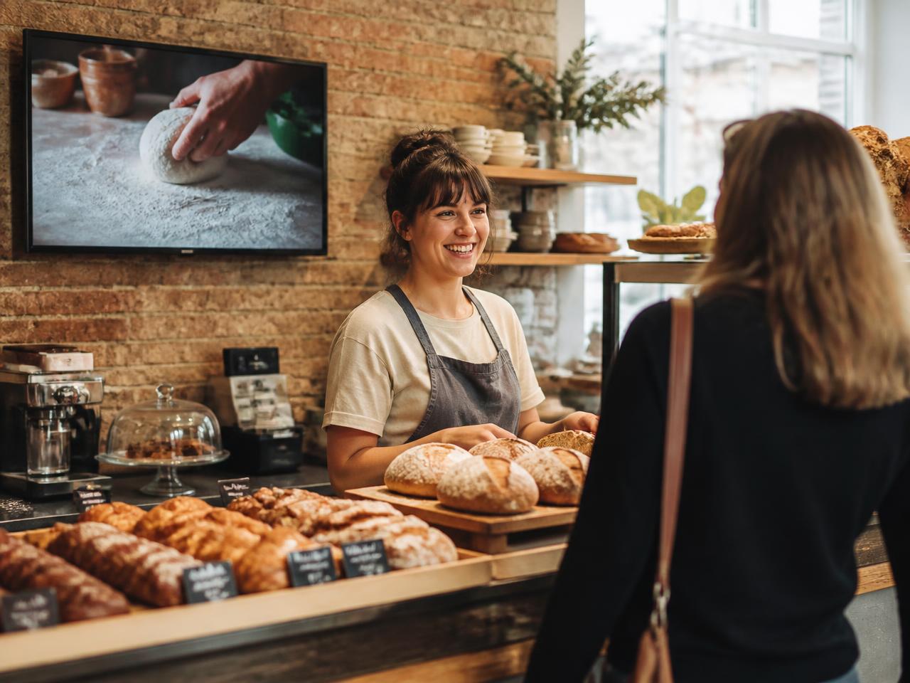 Pantalla digital instalada en el mostrador de una panadería de barrio
