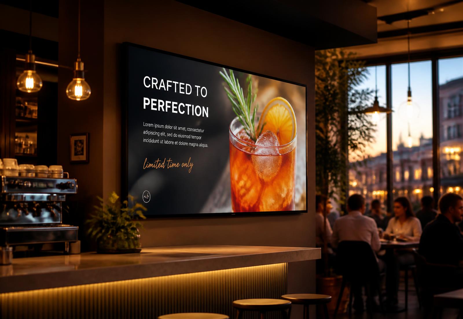 Pantalla encendida en la barra de una cafetería mostrando contenido del negocio