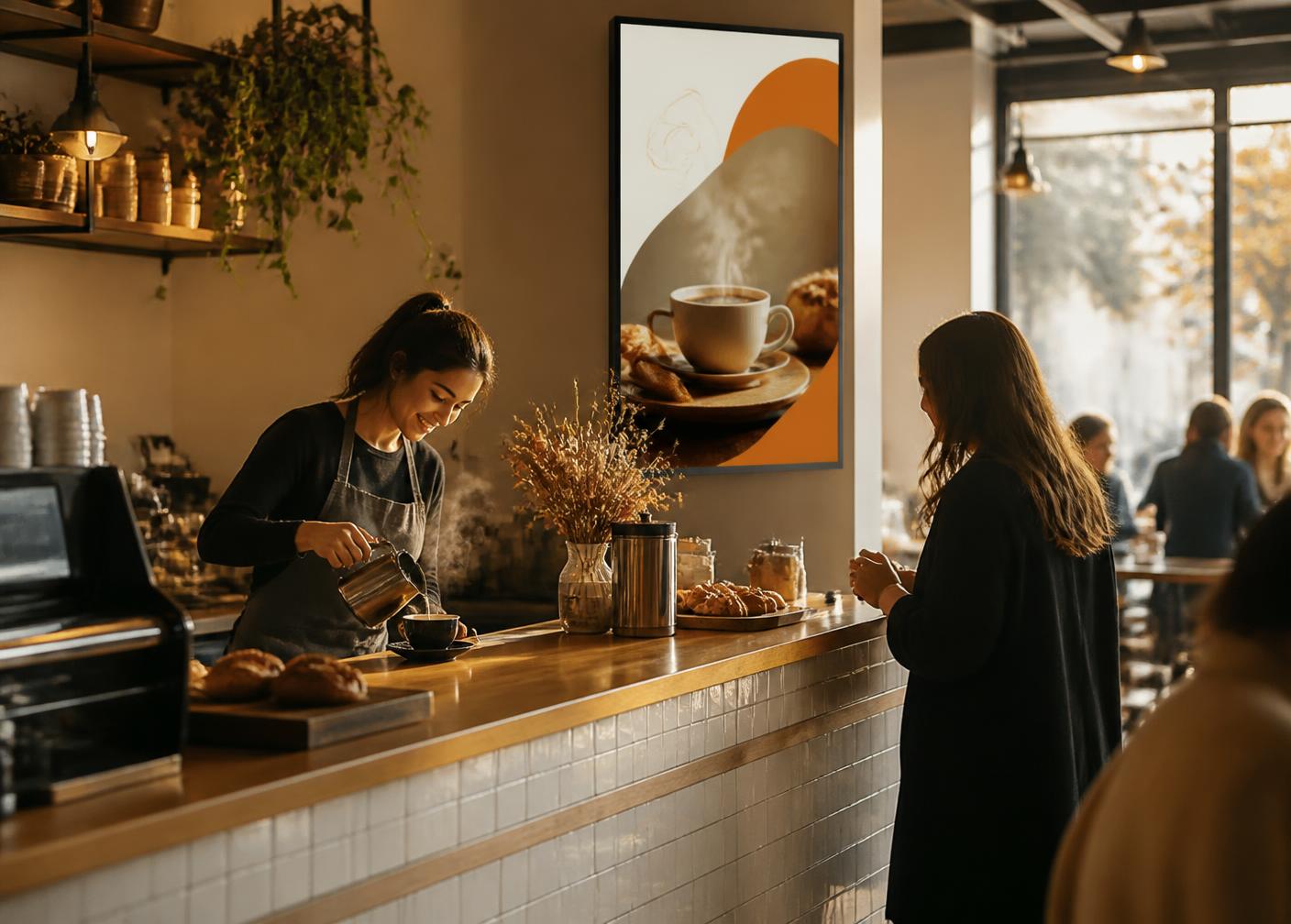 Pantalla vertical junto a la barra de una cafetería mostrando contenido del local