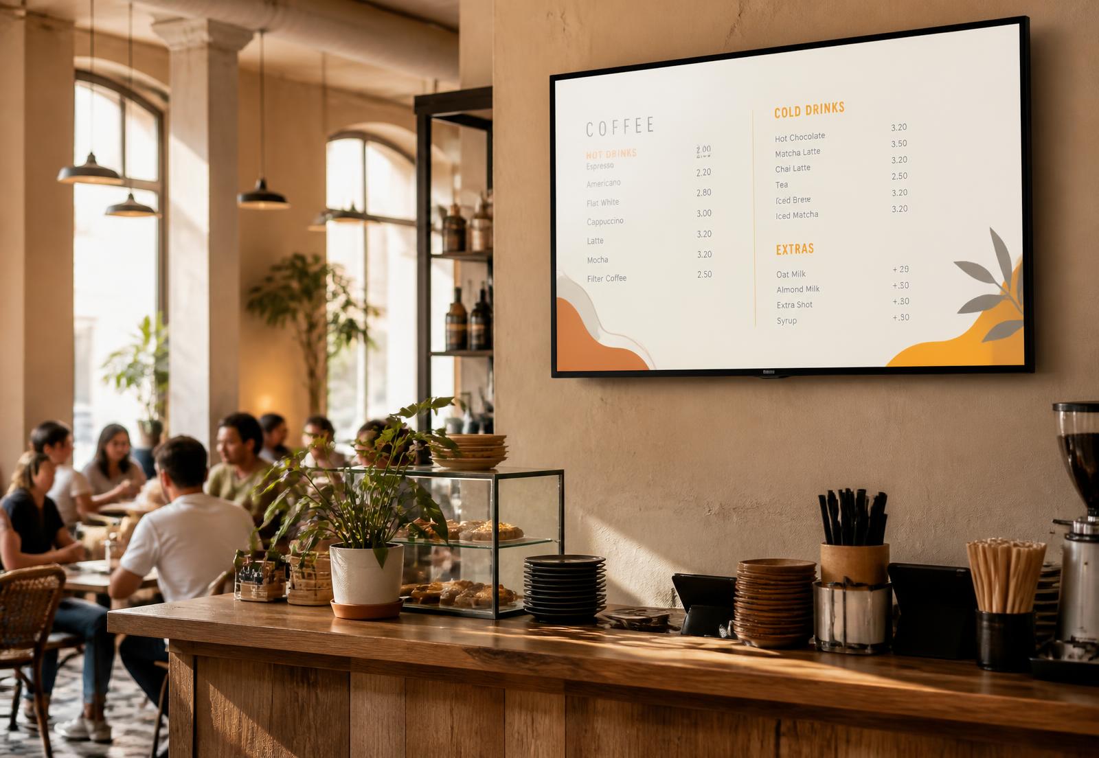 Pantalla encendida en la pared de una cafetería mostrando la carta del negocio