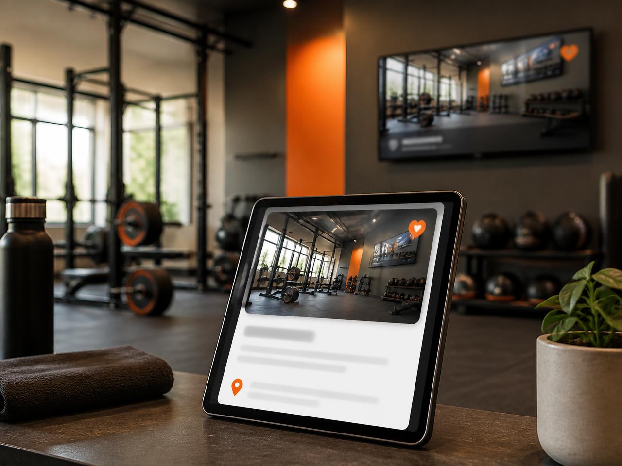 Pantalla instalada en un gimnasio y su ficha publicada en el Marketplace de Velyum