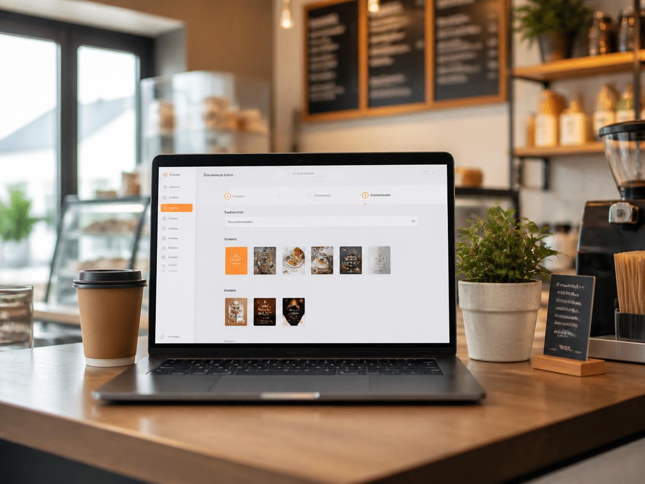 Panel de Velyum abierto en el mostrador de una cafetería mientras se configura el negocio y sus soportes